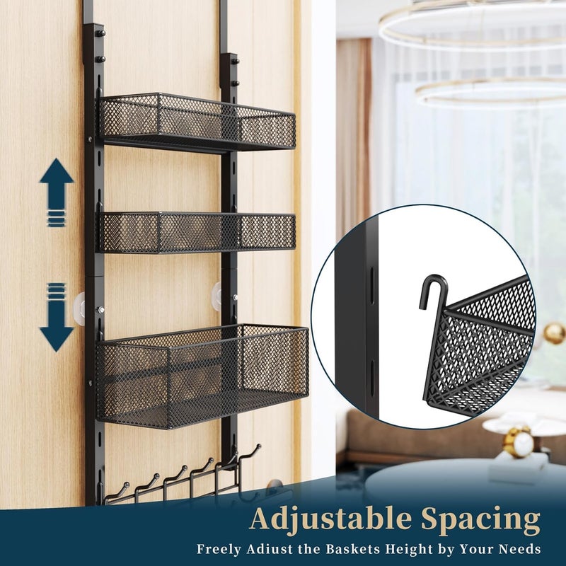 Consumest Over The Door Hooks Organizer - 4 Tier Door Coat Rack with 3 Baskets and 12 Hooks, Stainless Steel Towel Hanger for Bedroom, Bathroom, Living Room, Black - Image 2